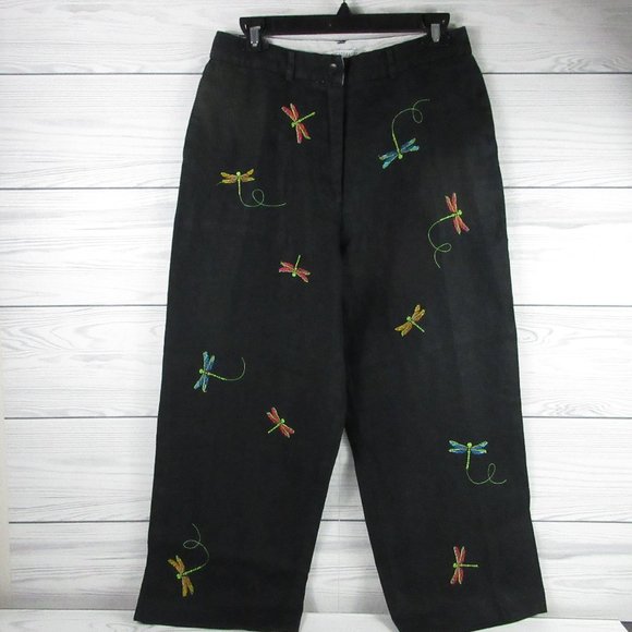 Paraphrase Pants Women 10 Black Linen Embroidered Colorful Dragonflies High Rise - Picture 1 of 16